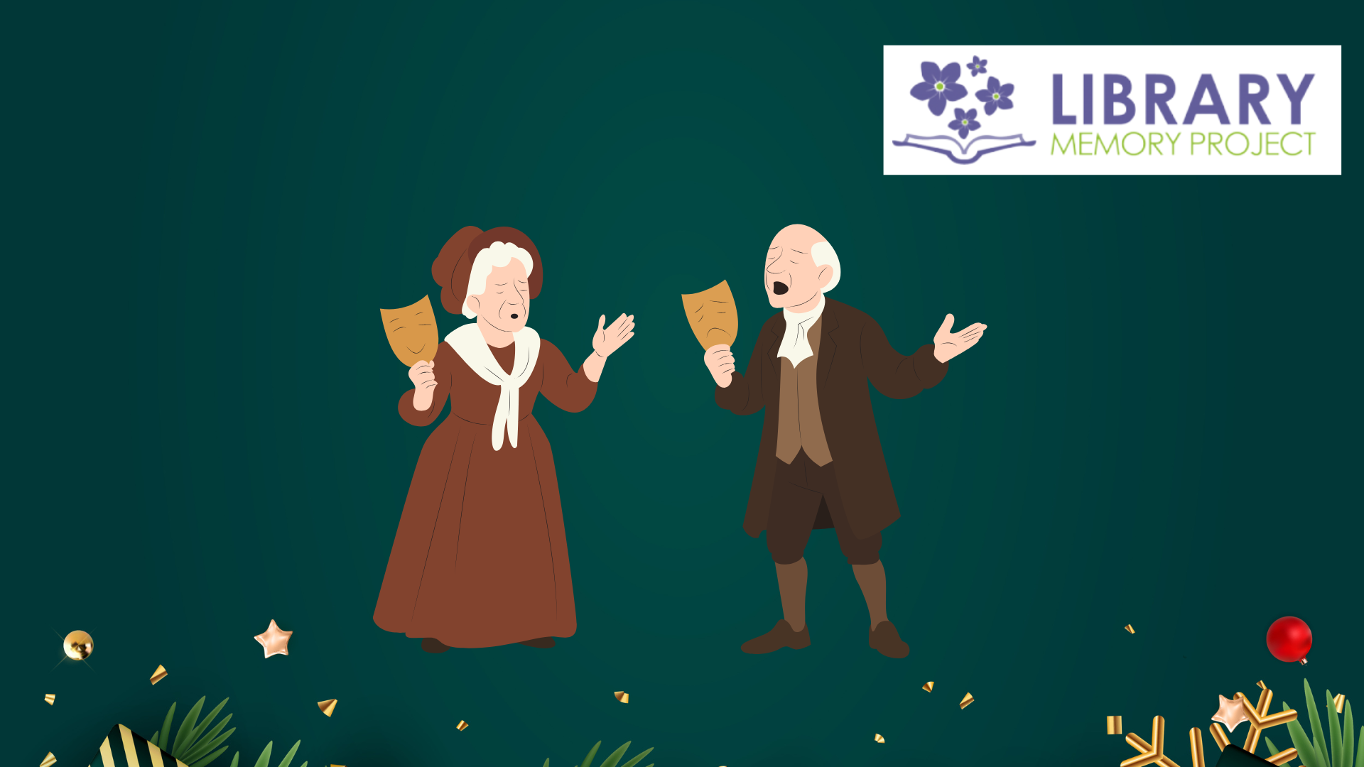 Illustration of an older woman and older man singing in period costumes from the 1700s.