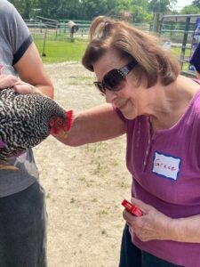 A woman in sunglasses with the nametag Grace pets a chicken at an outdoor petting zoo.