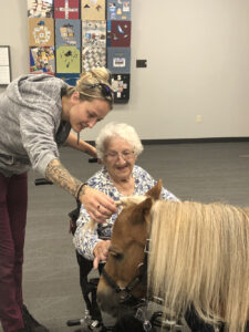 An older woman smiles as she pets a miniature horse.