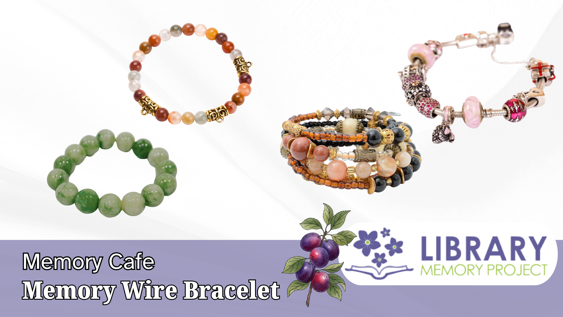 Different beaded bracelets you can make at the Memory Wire Bracelet Memory Cafe at the Library Memory Project.