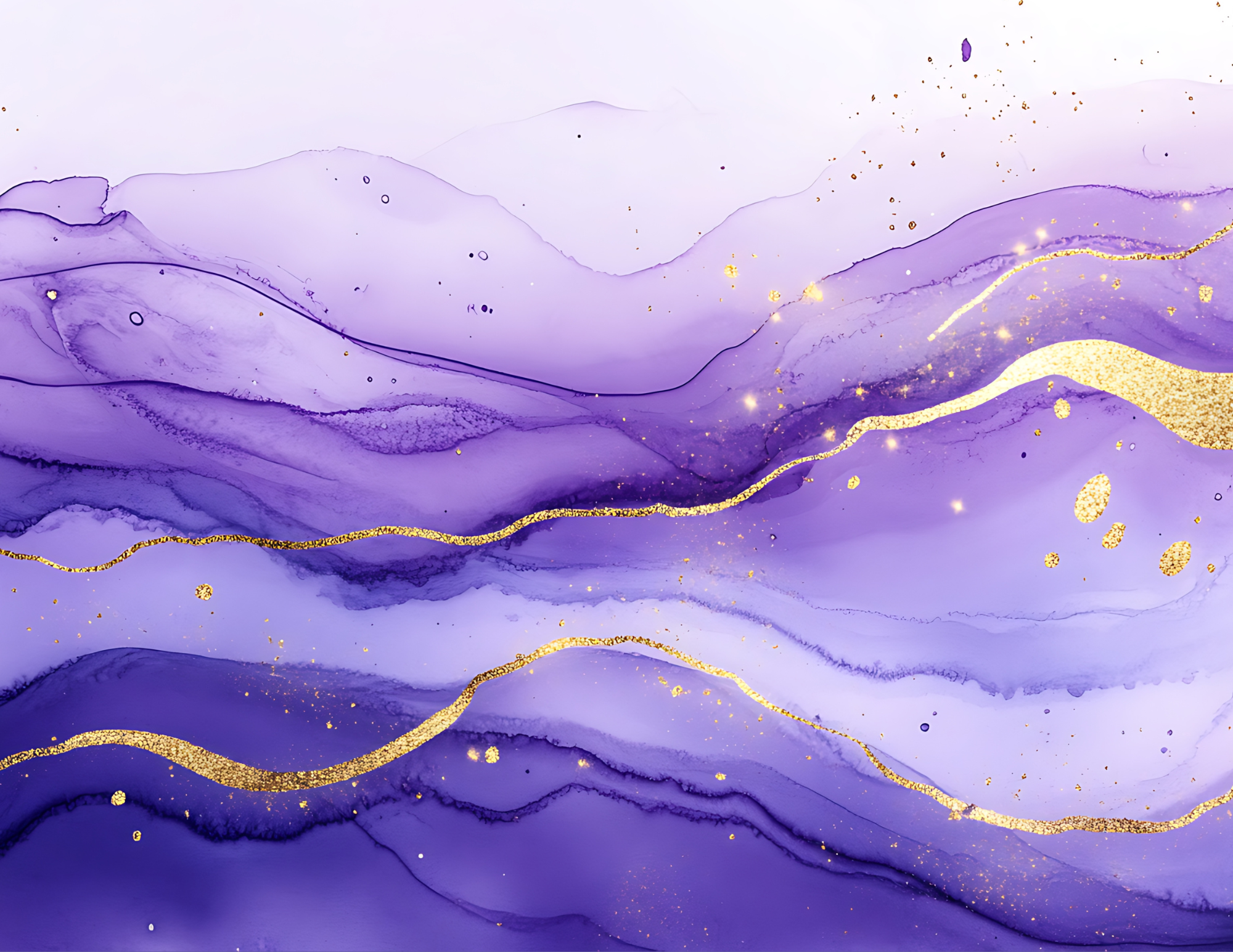 Graphic of watercolor-like layers of purple streaked with gold marbling.
