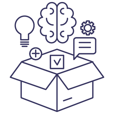 Graphic of a brain, lightbulb, gear, checkbox and speech bubble coming out of a cardboard box