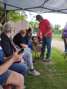 Woman walks a goat alongside people sitting in chairs so they can pet a goat