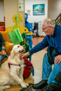 An older man petting a golden retriever indoors, surrounded by colorful objects and a painting in the background.